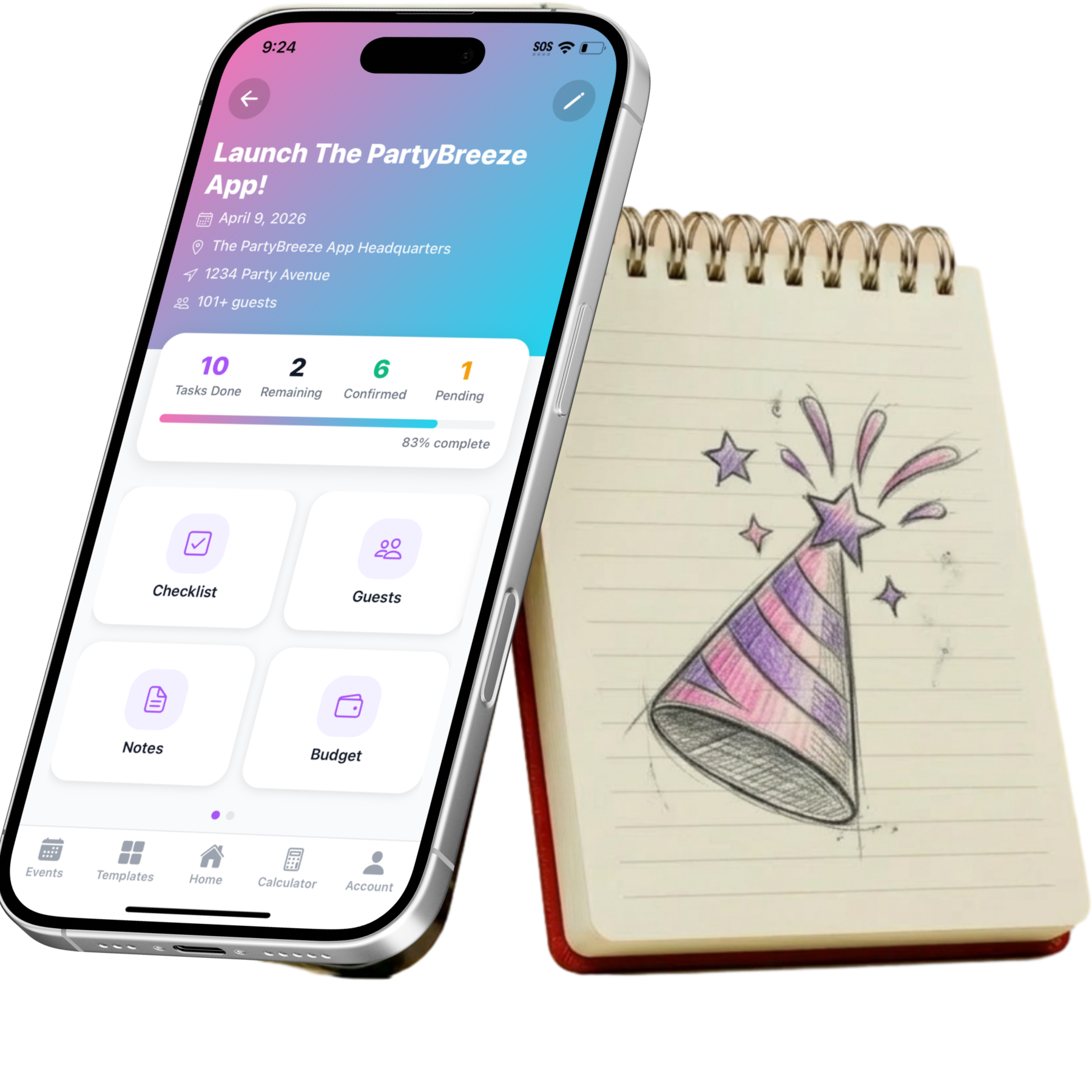 PartyBreeze app: timeline, guests, budget, and notes